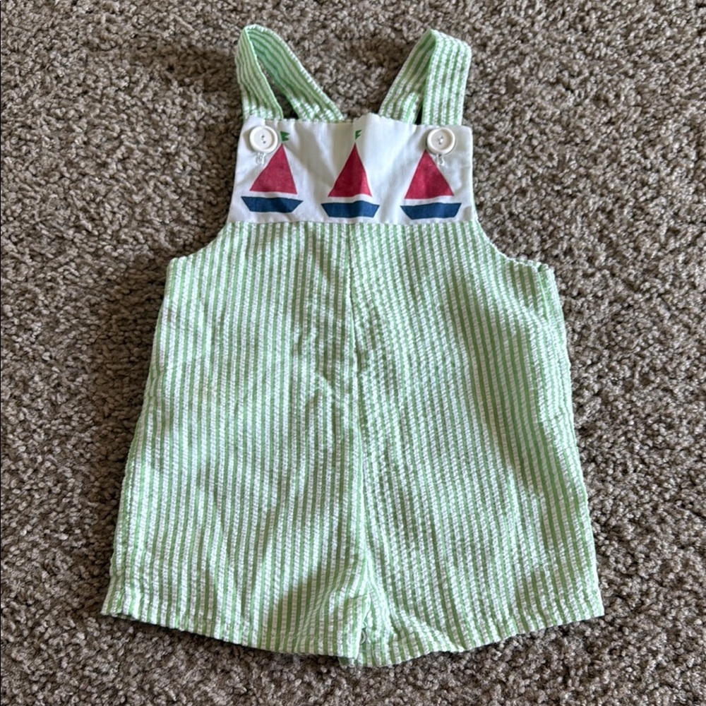 Vintage Green Striped Baby Overalls with Sailboat Design